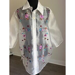 Maggie Sweet White Sheer Organza Floral Embroidered Button Down Shirt Petite 1X